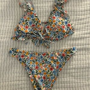 SHEIN White Floral Tie Bikini Set in Blue, Yellow, Pink, Orange, Green
